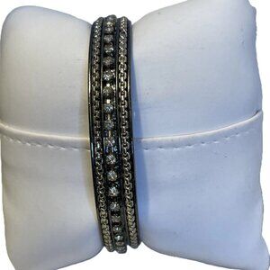 Stunning Bangle Bracelet Silver Tone Chain and Rhinestones On Black Background